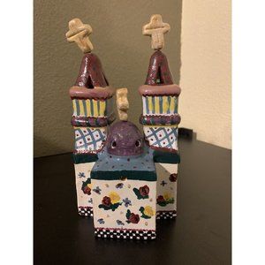 Mexican Folk Art Terra Cotta Pottery Church, Hand Painted, Signed
